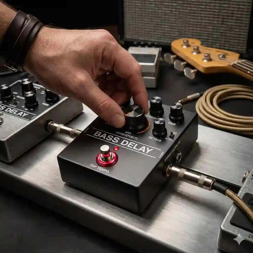 Top-rated featured image displaying a collection of top-tier best delay for bass pedals.