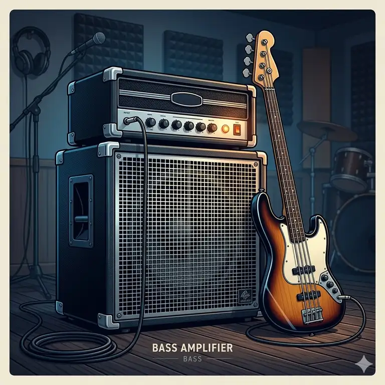 A professional bass amplifier bass guitar setup in a recording studio.
