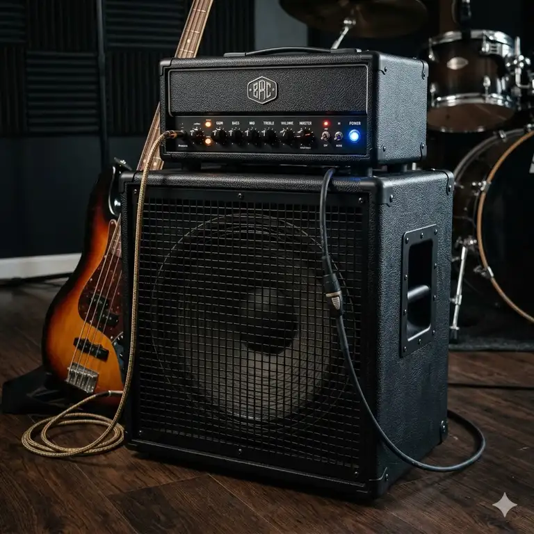 A professional studio setup featuring a high-end bass cabinet and head stack for touring musicians.
