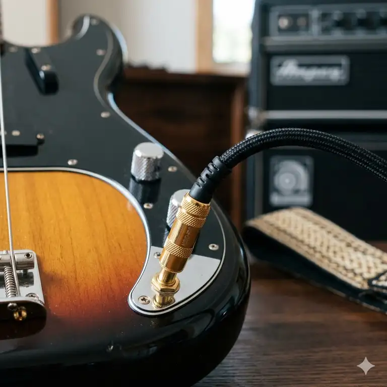 A professional close-up of a premium, black braided bass guitar cable actively plugged into a vintage sunburst-finish electric bass body.