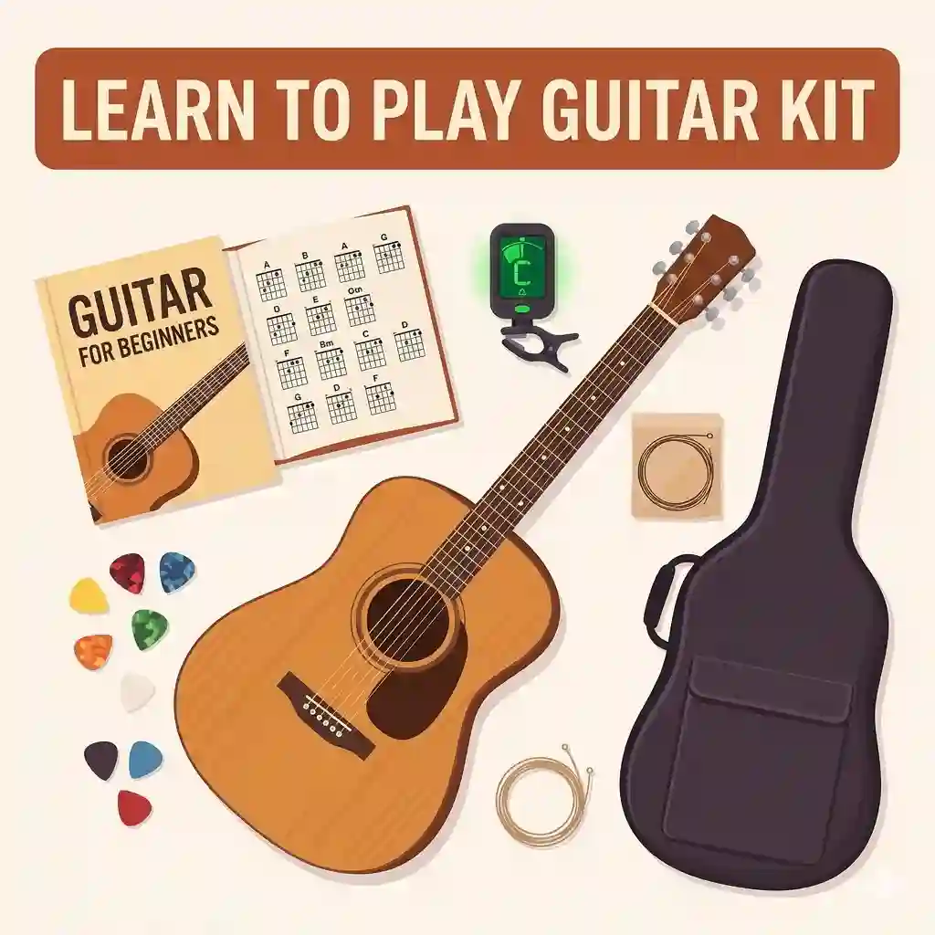 Complete learn to play guitar kit with acoustic guitar, gig bag, and learning resources.