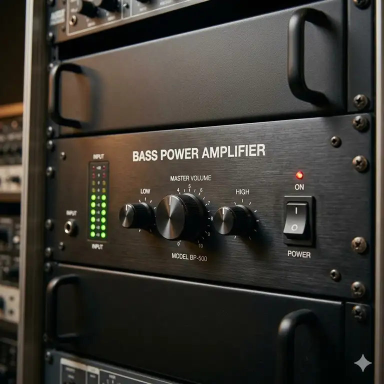 A professional rack-mounted bass power amplifier in a high-end recording studio setting.