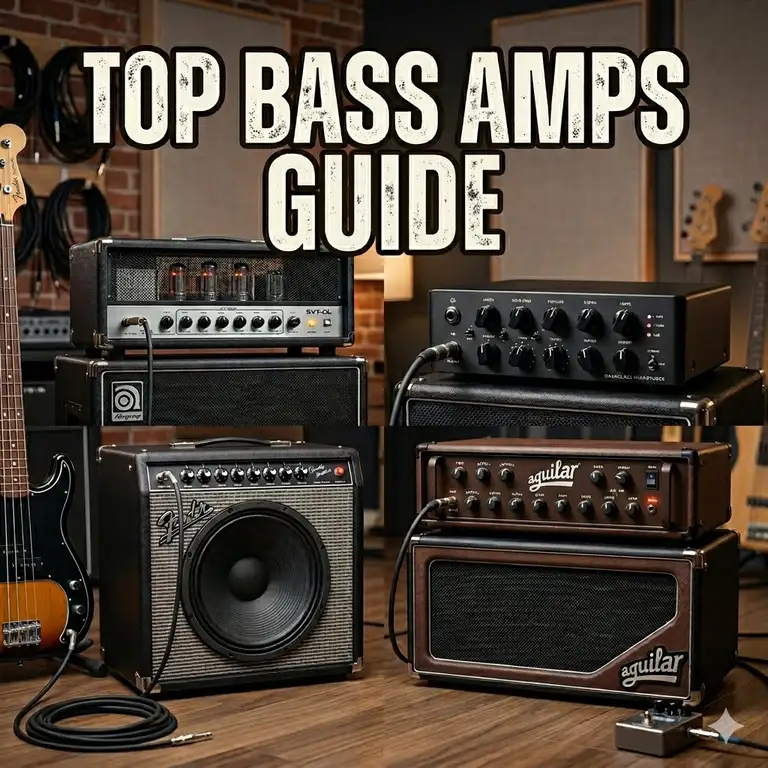 A collage of top bass amps featuring both tube and solid-state models.