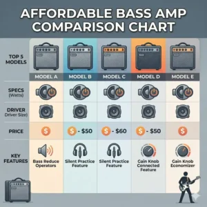 A detailed comparison chart featuring the top 5 models of affordable bass amp.