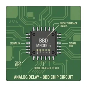 Technical diagram of a BBD circuit inside an analog delay pedal with tap tempo showing the signal flow through the chip.