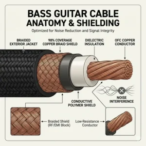 A detailed technical cross-section diagram showing the internal conductor, shielding, and durable outer jacket of a bass guitar cable.