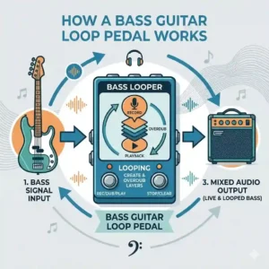An informative infographic explaining how a bass guitar loop pedal works in a signal chain.