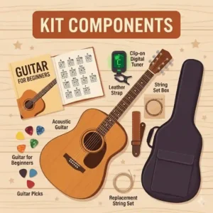 An illustrative breakdown of components in a comprehensive learn to play guitar kit for beginners.