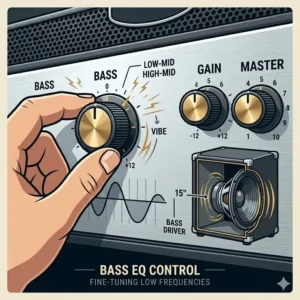 Close-up layout of the equalizer knobs on a bass amplifier bass EQ control panel.