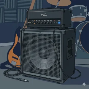 A clear signal flow diagram showing how to properly connect a bass cabinet and head using professional cables.
