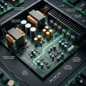 Detailed internal circuit board and capacitors of a high-performance bass power amplifier.