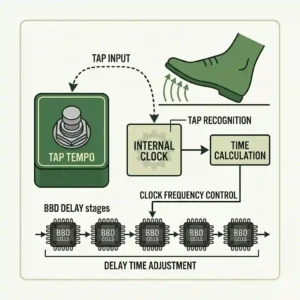 An infographic explaining the internal clock mechanics of an analog delay pedal with tap tempo for precise timing.