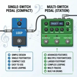 A comparison guide between a single-switch and multi-switch bass guitar loop pedal.