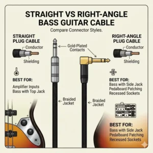 An educational vector comparison illustration showing a straight plug and a right-angle plug for a bass guitar cable, with pros and cons.
