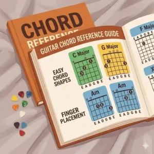 A close-up of the easy-to-follow lesson book and chord chart from a learn to play guitar kit.