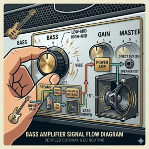 Audio routing diagram showing how a bass amplifier bass signal flows from instrument to speaker.