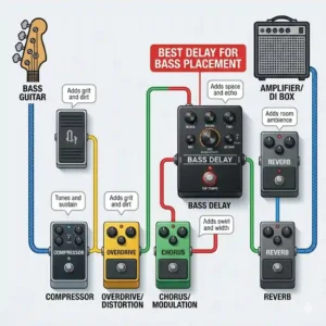 A clear diagram showing the correct pedalboard signal chain placement for the best delay for bass.