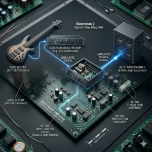 Schematic diagram illustrating the signal chain of a bass power amplifier connected to a speaker.