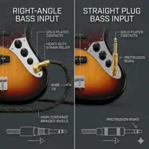 Comparison drawing showing straight and right-angle connector jacks on different bass guitar bodies to find the best bass guitar cable option.
