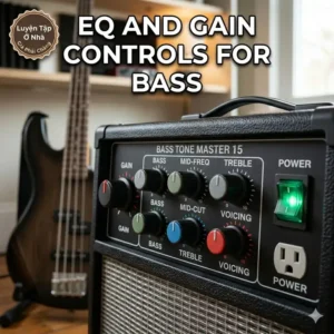 Close-up view of the equalizer and gain control knobs on an affordable bass amp.