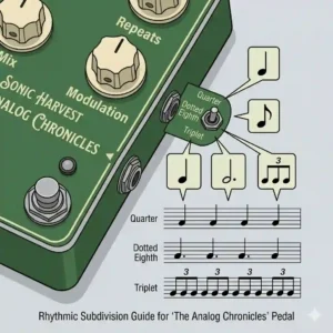 A visual guide to rhythmic subdivisions like dotted eighths and triplets on an analog delay pedal with tap tempo.
