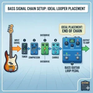 A technical diagram showing the correct signal chain placement for a bass guitar loop pedal.