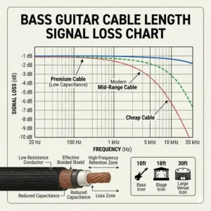 A line graph chart showing how signal loss increases at different frequencies as the length of a bass guitar cable increases.