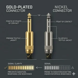 Close-up graphic of gold-plated versus nickel audio connectors used on the best bass guitar cable for maximum conductivity.