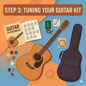 An illustration showing how to use the electronic tuner included in a learn to play guitar kit.