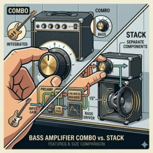Educational vector comparison of a compact bass amplifier bass combo and a full stage stack.