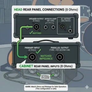 An educational chart explaining the importance of matching Ohms between your bass cabinet and head for safety.