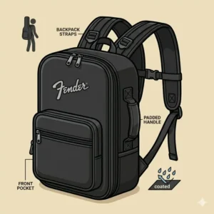 A water-resistant nylon gig bag with comfortable straps, part of a portable bass amp package for musicians.