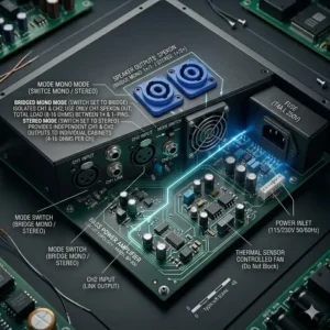The back panel showing input and output connectors of a modern bass power amplifier.