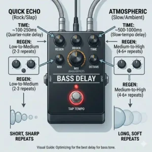 A visual guide illustrating the ideal knob settings and delay times for the best delay for bass effects.