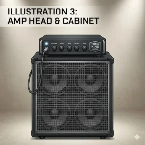 A high-power top bass amp head on top of a 4x10 cabinet.