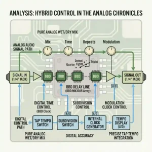 A hybrid signal path diagram showing the 100% dry analog path of an analog delay pedal with tap tempo.