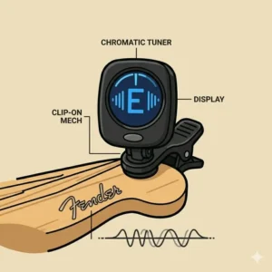 Digital clip-on chromatic tuner displaying perfect pitch, provided in a beginner bass amp package.