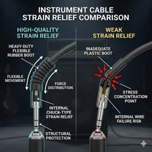 Graphic detailing the heavy-duty strain relief boot and flexible connection of the best bass guitar cable built for heavy stage use.
