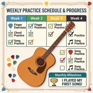 A detailed guide with finger placement diagrams for the first chords in a learn to play guitar kit.