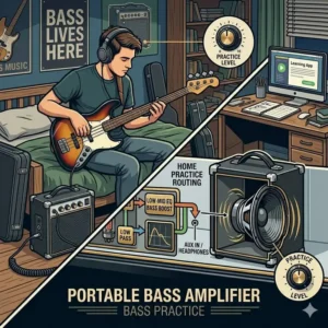 A musician practicing with a headphone connected to a small portable bass amplifier bass rig at home.
