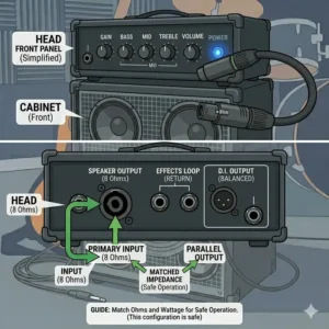 A detailed view of the rear connectivity options available on a modern bass cabinet and head unit.