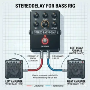 An educational graphic demonstrating how to configure a stereo rig using the best delay for bass.