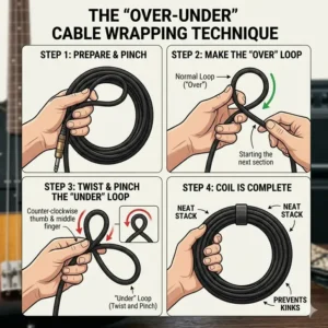 A four-step visual guide illustration demonstrating the proper over-under technique for coiling a bass guitar cable to avoid kinks.