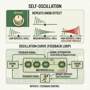 Graphical representation of the self-oscillation curve and feedback loop in an analog delay pedal with tap tempo.