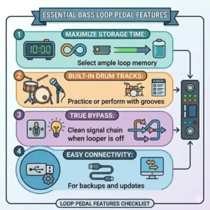 A feature checklist identifying the key specifications of a high-quality bass guitar loop pedal.