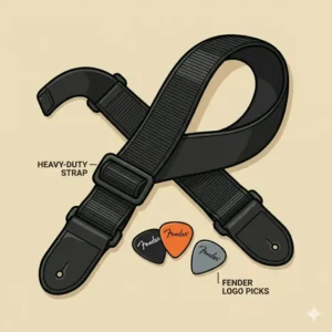 Adjustable heavy-duty guitar strap and variety of picks included in a complete bass amp package.