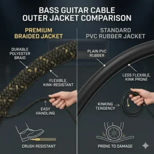 Texture comparison of a braided tweed jacket and a PVC rubber jacket to choose the best bass guitar cable for durability.