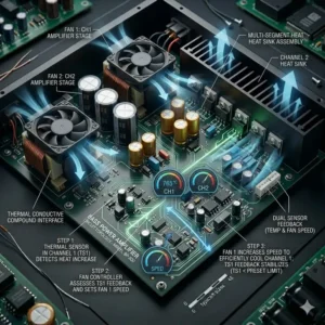 Illustration of the thermal management and cooling fans inside a bass power amplifier.