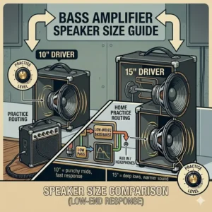 Technical guide showing a bass amplifier bass speaker size comparison between ten and fifteen inch drivers.