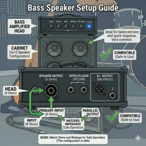 A visual guide to different speaker configurations available for a standard bass cabinet and head setup.